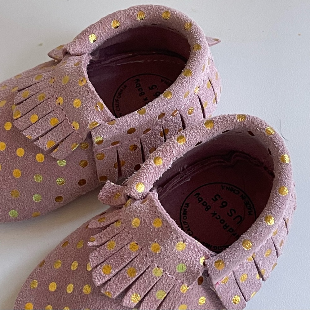 Bird Rock Baby Confetti Blush Pink and Gold Dots Moccasins Sz 6.5 Girl’s Fringe - Picture 8 of 15